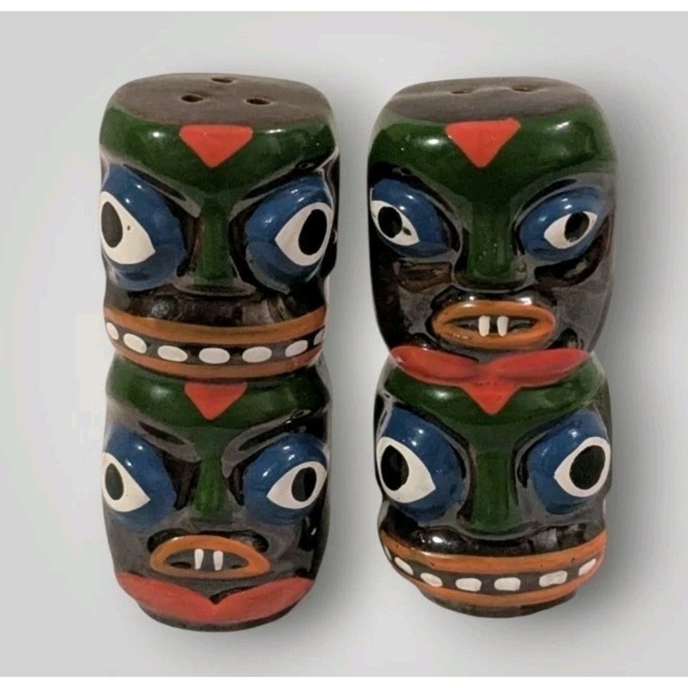 Tiki Salt and Pepper Shakers Ceramic Tropical Japan Totem Poles Vtg Retro 3"